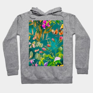 Cool tropical floral leaves botanical illustration, tropical plants,leaves and flowers, green turquoise leaves pattern Hoodie